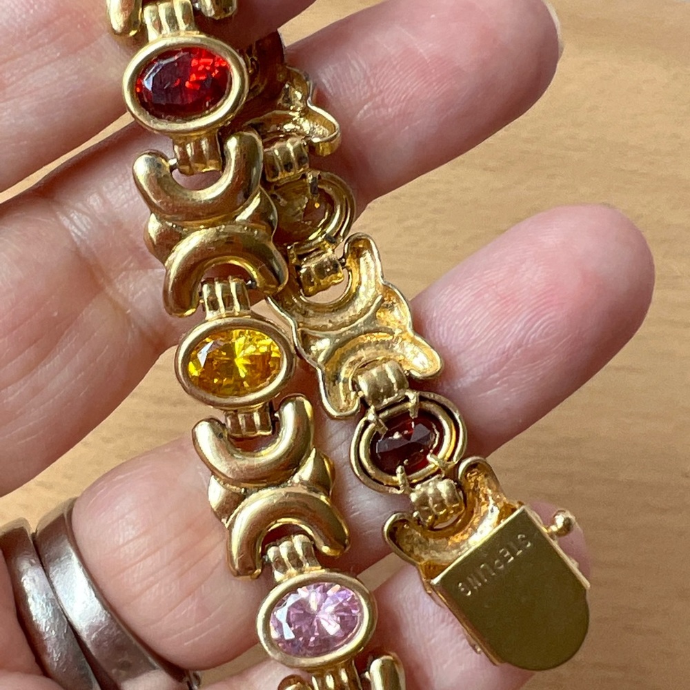 VINTAGE GOLD-WASH 925 SS WIDE XOXO DESIGN MULTIGEMSTONE CZ BRACELET CANDY COLORS
